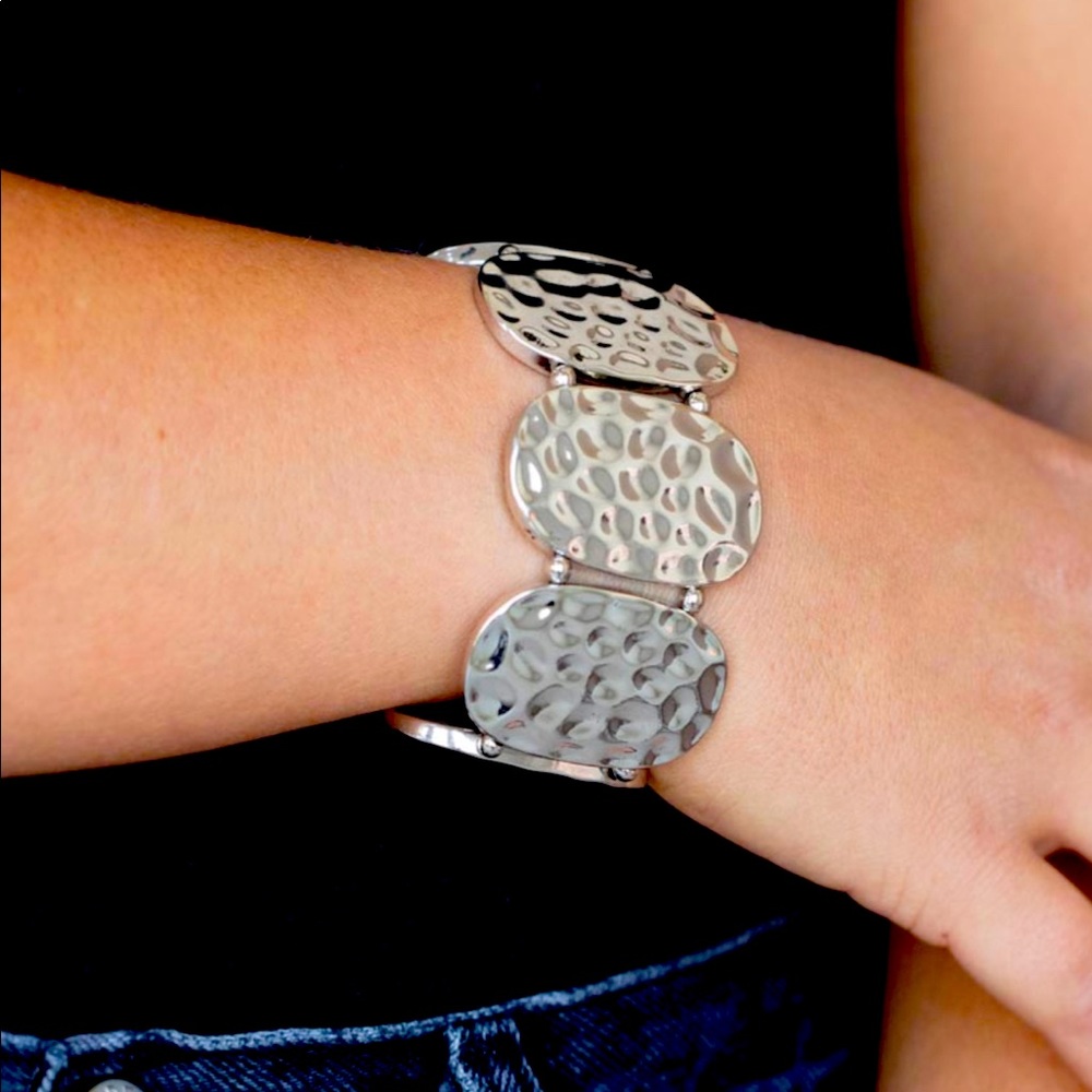 Artisan rustic hammered Silver oval bracelet